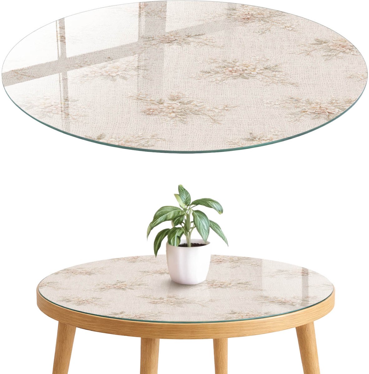 ArtPrintCave Bloemmotieven Glazen Tafelblad fi70 cm - Tafelblad Rond - Beige Glasplaat - Bloemen en planten Keukentafel