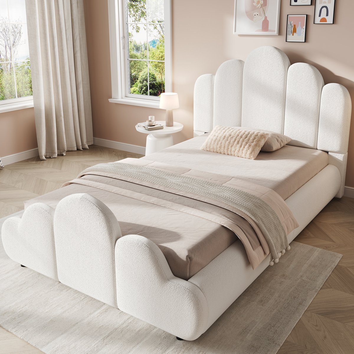 FloraGrace Gestoffeerd Bed 90 x 200 cm - Wolkenvorm Kinderbed met Lattenbodem - Rondom Afgerond - Zonder Matras - Boucle - Beige