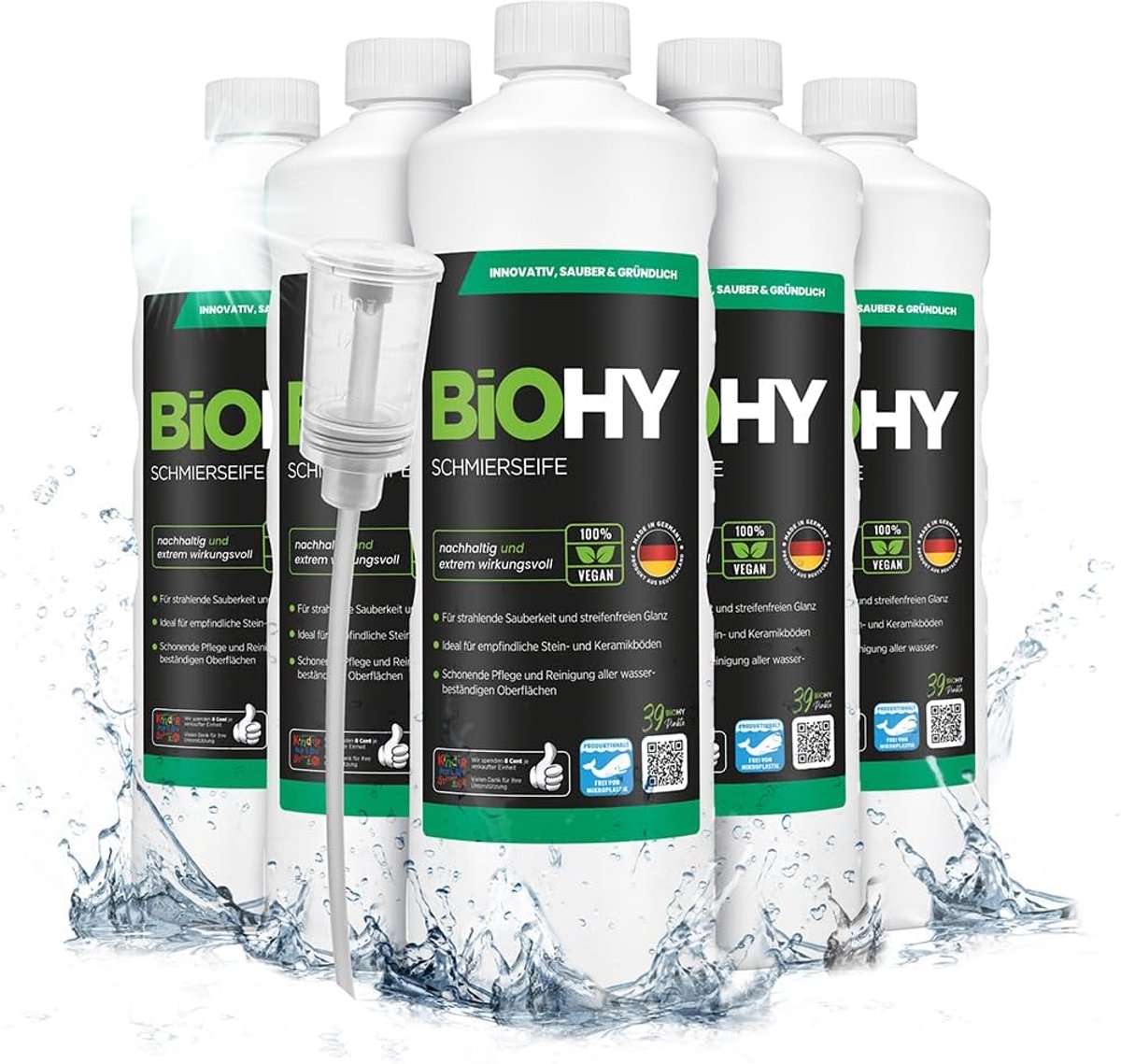 SnelShoppen - BiOHY Vloeibare Zeep (6 x 1l Fles) + Doseerder | Vloerreiniger CONCENTRAAT | Natuurlijke Ingrediënten | Geschikt voor Alle Gevoelige Opp