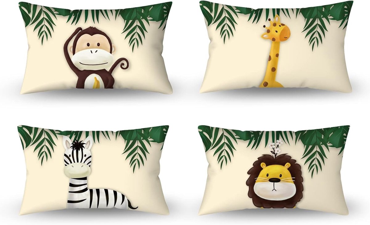 Schattige Kussenhoezen met Cartoon Dierenmotief, 30 x 50 cm, Set van 4, Perfect voor Kinderkamers