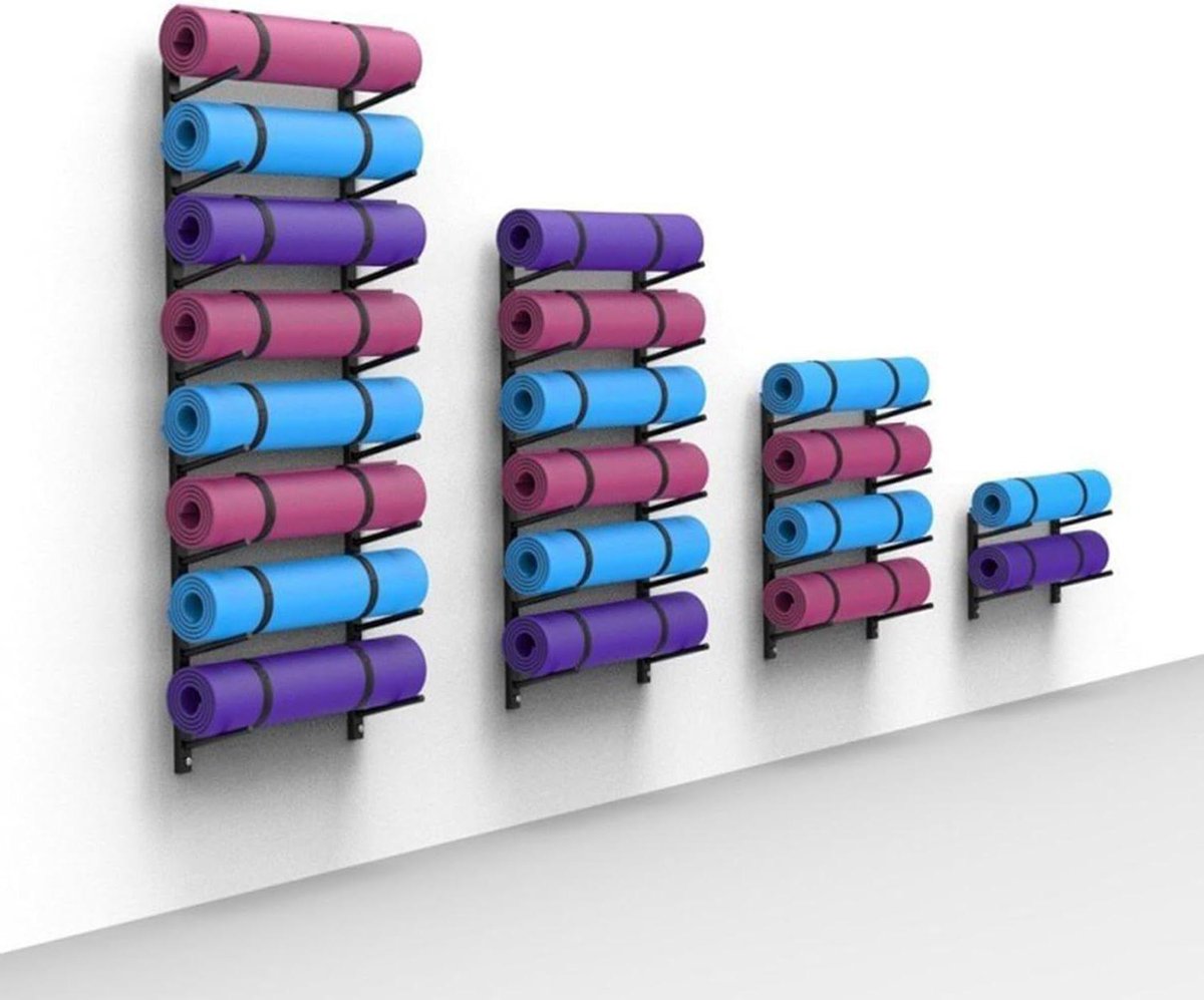 Yogamathouder Opbergrek - Wandrek Yogamat - Sportspullen Organiseren - Aanpasbare Frame Afstand - Meerdere Lagen Opties - Zwart