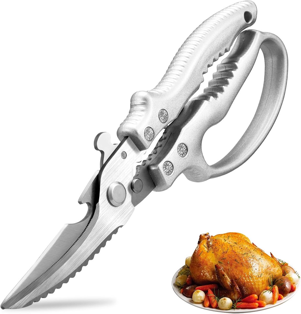 Keukenschaar - Gevogelteschaar - Multifunctionele keukenschaar - Geschikt voor het knippen van kip en bot - Ontwerp met veer - Veelzijdig in gebruik - Geschikt voor kalkoen, vlees, vis, kreeft en krab - Roestvrijstalen bladen - Zilverkleurig