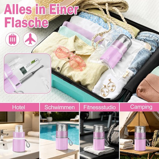 4-in-1 reisdispenser, navulbare reisflessenset, lekvrij, met zuignap voor gladde muren, reisflessen voor toiletartikelen, draagbaar voor zakenvluchten, reizen, sportschool (roze) — afbeelding 5