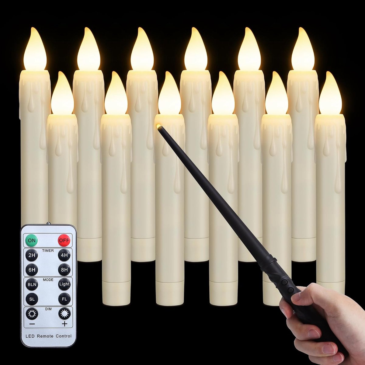 12 LED zwevende kaarsen met toverstok - afstandsbediening en timer - warm wit flikkeren - batterijen - stokjes van 17 cm - waterdicht voor buiten