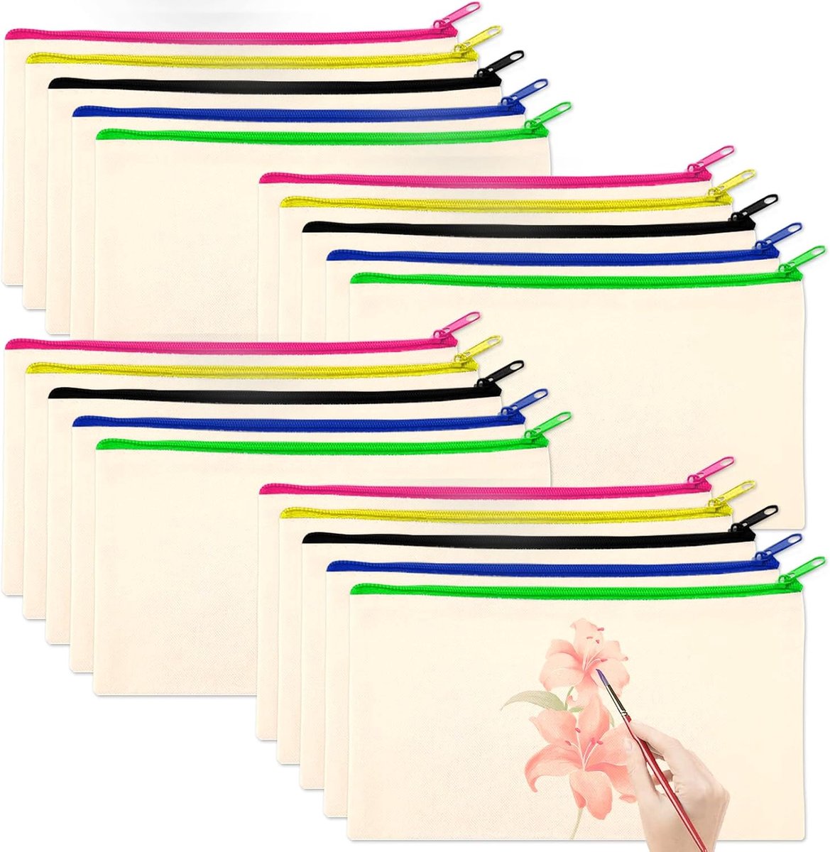 20 Stuks Blanco Canvas Zakjes met Rits, 21 x 12 cm, Stoffen Zakken, DIY Etuis om te Beschilderen, Cosmetica, Pennen, Reizen en Opbergen, Voor Kinderen, School en Thuis