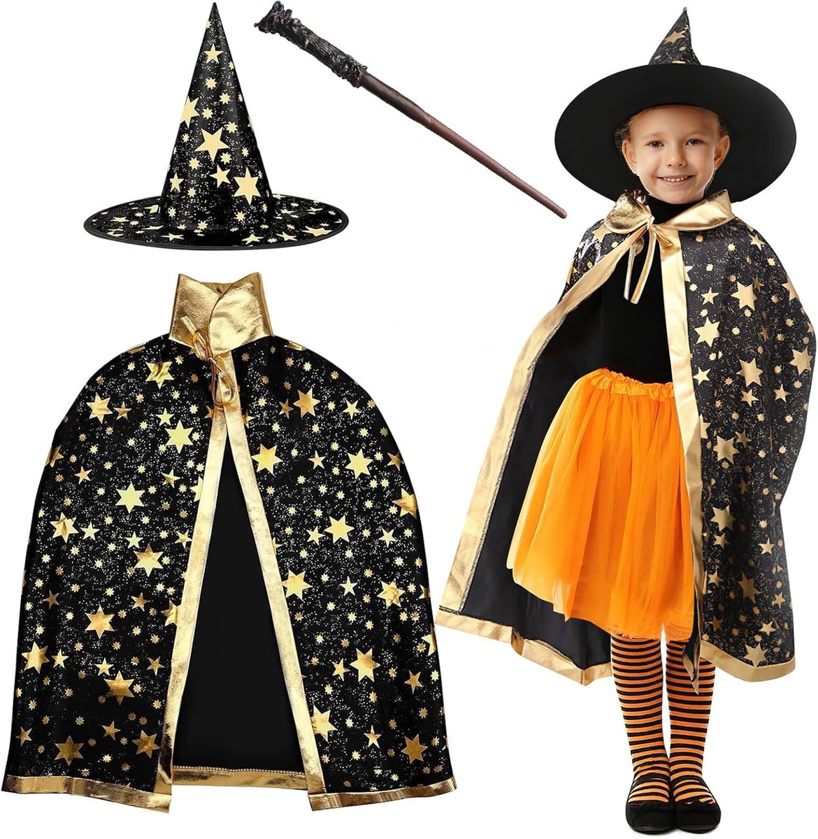 Hoed en tovenaarscape, heksencape met hoed, tovenaarscape voor kinderen, pompoencape, Halloween, heksenmantel, Wizard cape