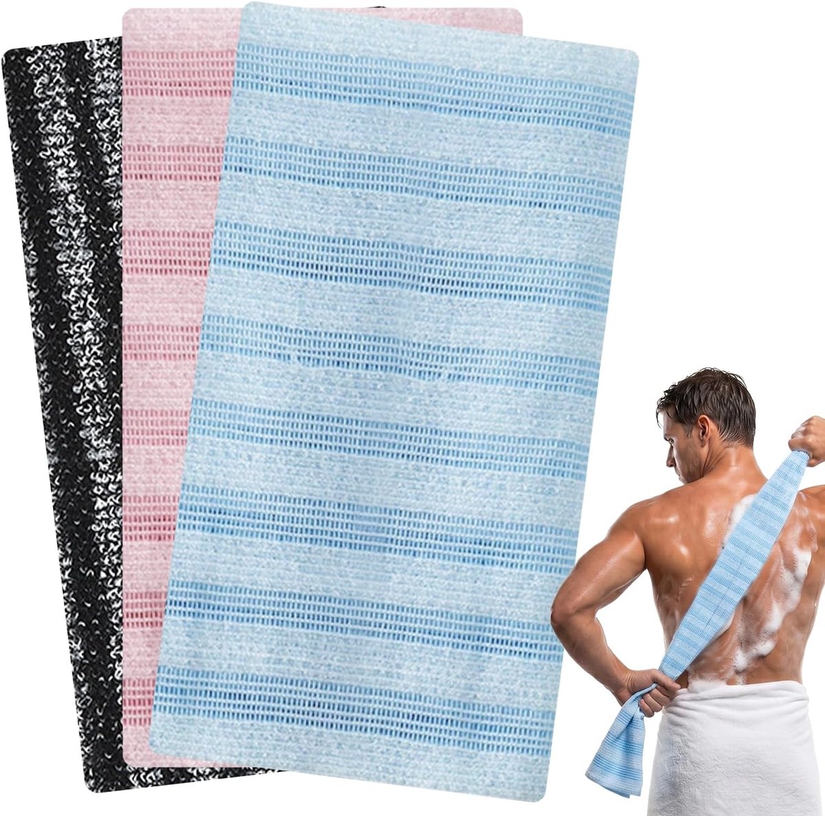 3 Stuks Exfoliërende Handdoek, Extra Lang Japanse Douchedoek, Lichaamsscrub voor Dames en Heren, Dubbelzijdig Gestreept (3 Kleuren)