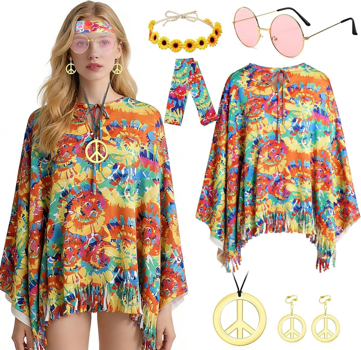 Hippiekostuum dames poncho set met halsketting, oorbellen, zonnebril, hoofdband, jaren 60 en 70 kleding, boho Flower Power, carnavalskostuums, disco outfit voor carnaval en themafeest