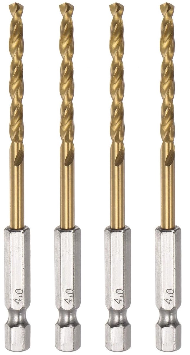 4 stuks 1/4 inch boren met zeskantschacht 4 mm set boor titanium M35 spiraalboor snelstaal lengte 94 mm lang volledig geslepen voor hout