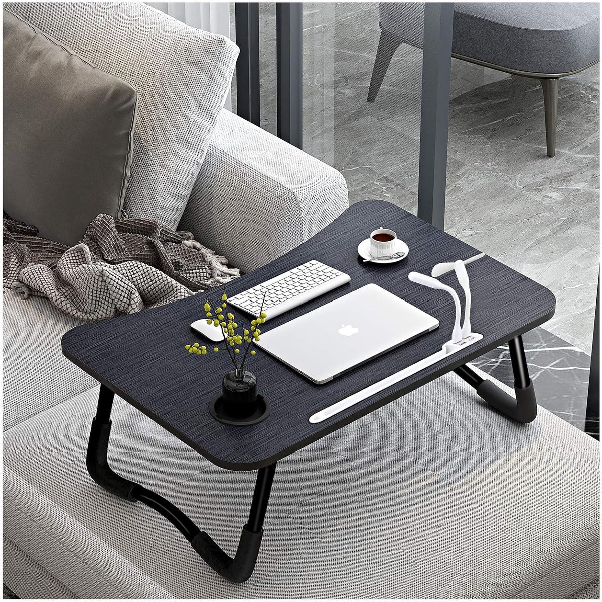 Inklapbaar, Laptop Bureau met 4 USB-Oplaadpoorten/Lade/Tablet Houder/Bekerhouder, Voor Bed, Bank, Vloer (60 x 40 cm, Zwart)