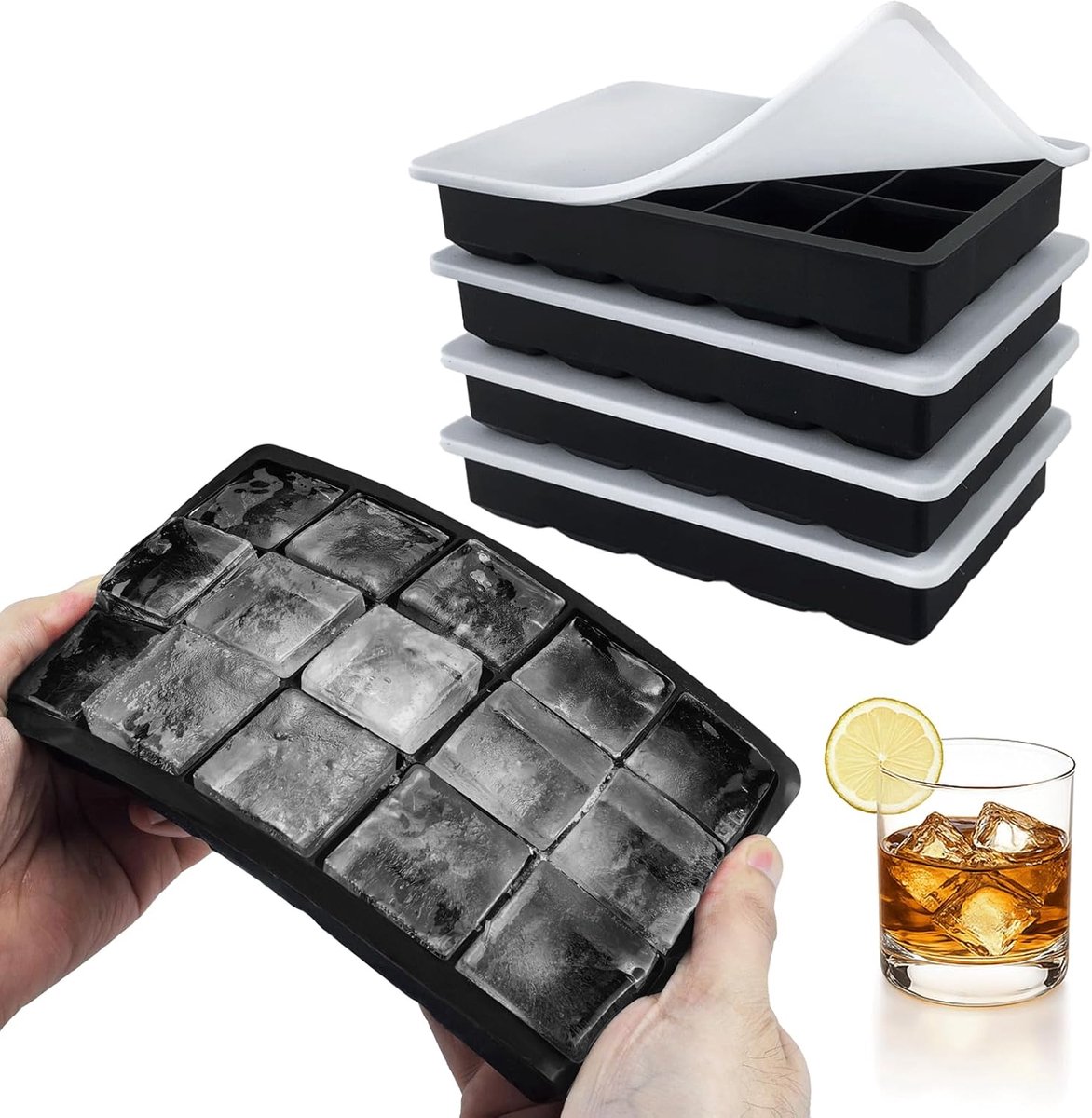 IJsblokjesvorm, 4 stuks, siliconen met deksel, 60 vakken, grote ijsblokjeshouder voor whisky en cocktails, BPA-vrij, geurneutraal en lekvrij, ijsblokjesvorm, set (zwart)
