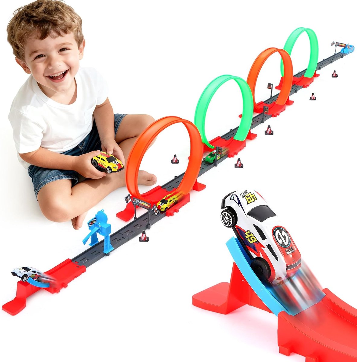 Autoracebaan voor kinderen, racebaan, autospeelgoed met 4 360°-loopings en 3 snelle terugtrekauto's, routespeelgoed, cadeau voor jongens vanaf 3, 4, 5, 6 jaar