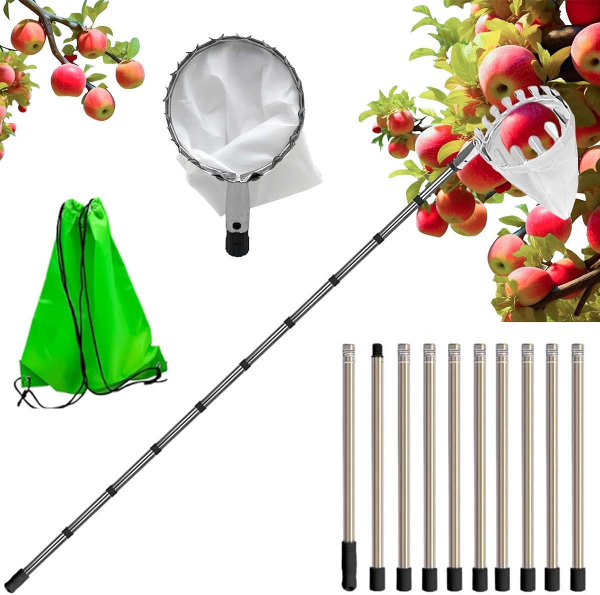 appelplukker 4M fruitplukker met telescopische steel | Fruitplukker voor kersen, pruimenplukker