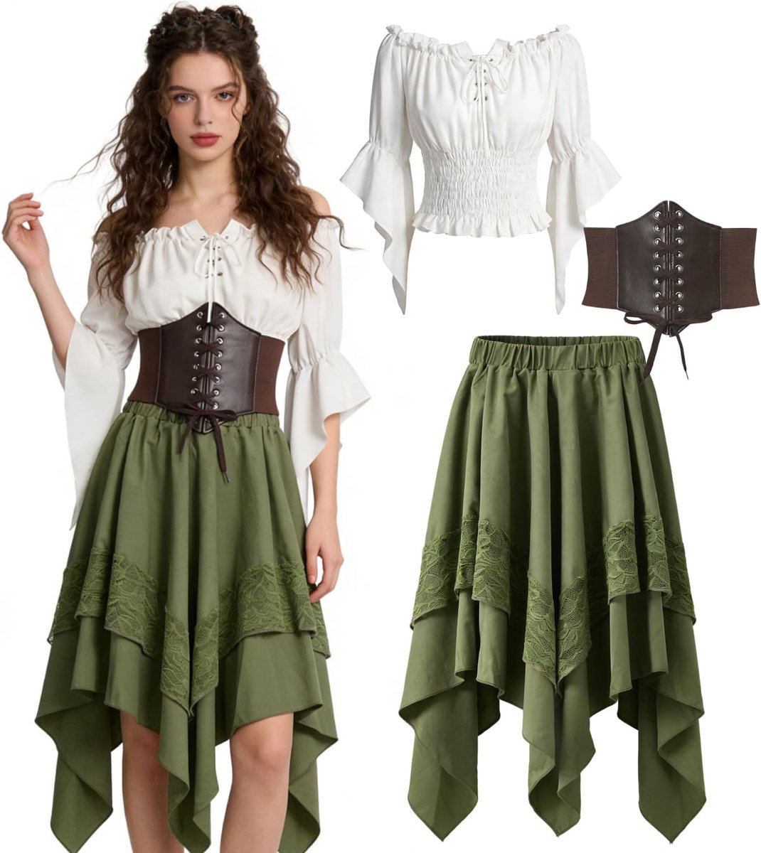 Piratenkostuum voor dames, middeleeuwse jurk, gothic outfit met riem, witte blouse en rok, festivaloutfit voor carnaval, Halloween, feest