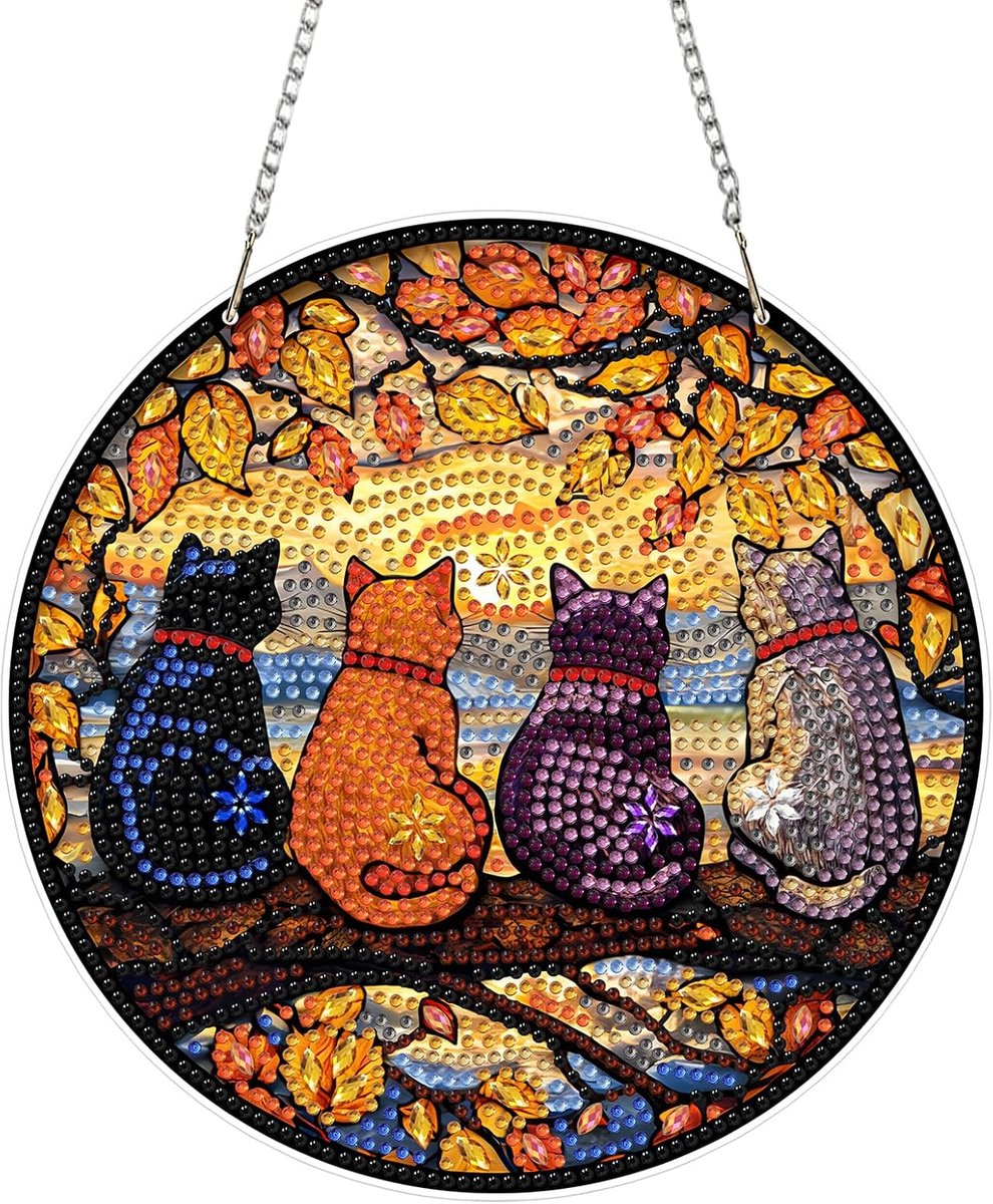 Vier Katten Diamantschilderij Hanger, 5D Landschap Ornament Kit, DIY Kristal Strass Acryl Sierhanger voor Raam, Muur, Deur en Tuin Decoratie