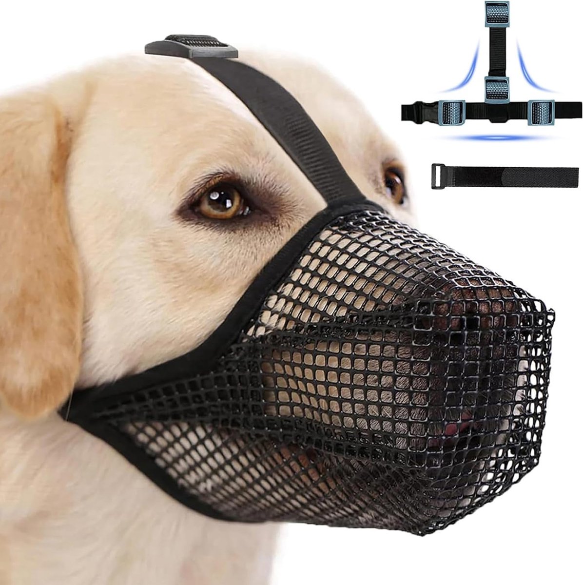 muilkorf voor grote honden met klittenbandbanden, ademend huisdiermasker training, voorkomt eten, bijten, kauwen, mondbescherming voor kleine, middelgrote en grote honden (wit, L)
