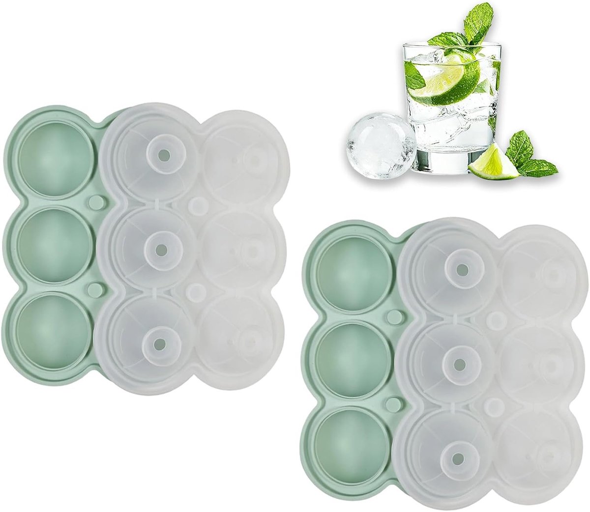 Set van 2 ijsblokjesvormen, 4,7 cm, siliconen, herbruikbaar en BPA-vrij, grote ijsblokjesvorm met deksel, 6/4 bolvormige ijsblokjeshouder, vaatwasmachinebestendig (groen, 6 vierkanten)