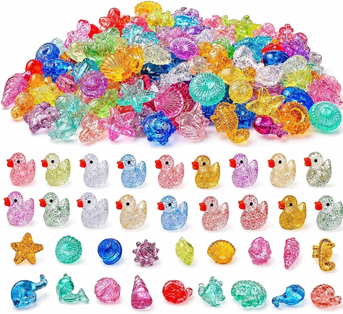 200 Stuks Mini Eendjes Bedels, Kleurrijke Hars Dierenfiguren met Gaatje, Kleine Cartoon Hangertjes voor Verjaardagsfeest, Feestzakjes, Taartdecoratie, Cadeautjes en Creatieve Projecten