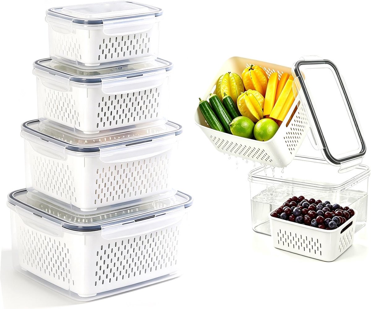 4-delige set met deksel en uitneembare zeef (0,38 l + 0,8 l + 1,7 l + 3,15 l + 3,15 l) vershouddozen, stapelbare koelkastdozen voor fruit, groenten, salade en bessen