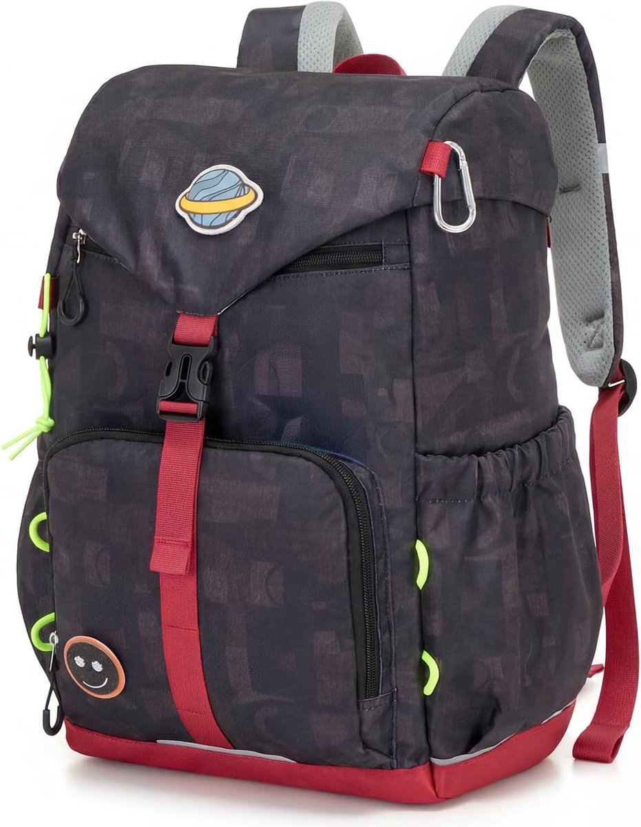 Rugzak voor jongens klasse 1-5, ergonomische rugzak voor kinderen van 6-12 jaar, met borstgesp, regenhoes en reflecterende strepen, voor school, reizen en outdoor, Zwart, M, Glimlachend gezicht