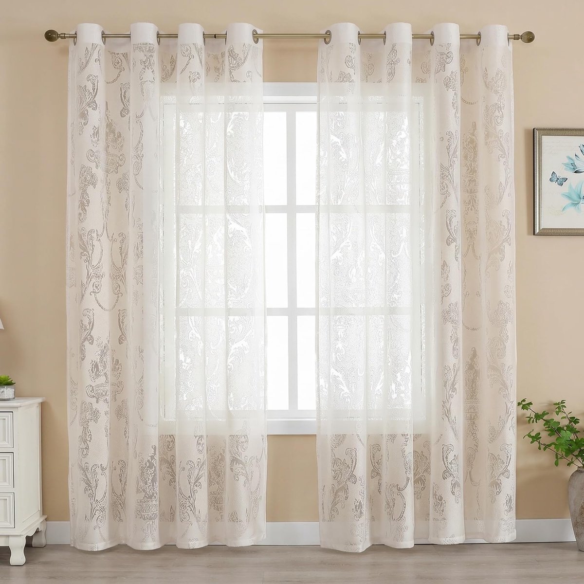 Omgoods - Beige Jacquard Gordijnen met Damaskpatroon, H 213 x W 52, Set van 2