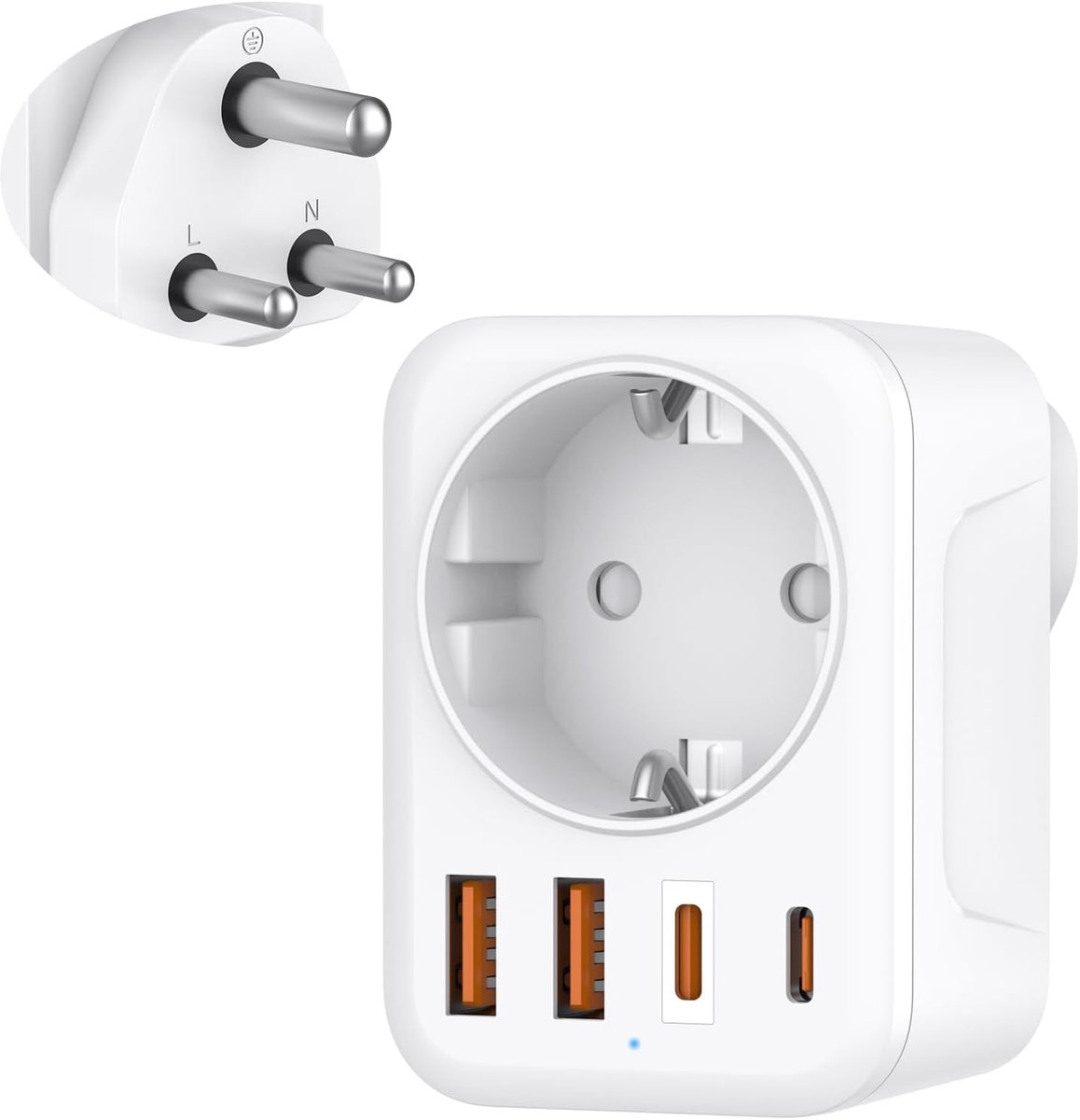 India, 5 in 1 Adapter Sri Lanka met 1 AC & 2 USB-C & 2 USB-A (3.4A), 3-polige reisstekker Type D voor India, Bangladesh, Irak, Nepal, Nigeria Type D