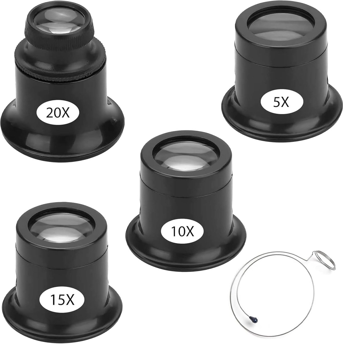 4 stuks horlogemakersloep 5x/10x/15x/20x, oogvergrootglas, een stalen ring met een vergrotingslens, het oog van de horlogemaker, geschikt voor horloges, sieraden, munten, elektrische apparaten enz