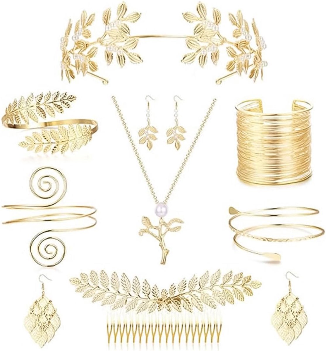 10PCS Griekse Godin Kostuum Sieraden Set Bruiloft Bruidssieraden Lauwerkrans Bruiloft Boho Blad Haar Kroon Accessoires