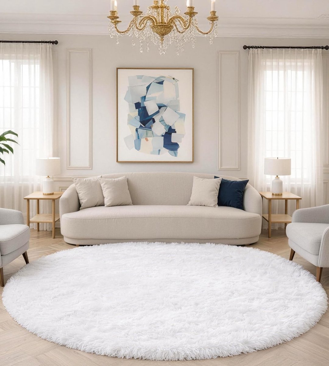 Omgoods - Rond Vloerkleed 120 cm Wit Wasbaar Antislip Hoogpolig Vloerkleed voor Slaapkamer, Zacht en Fluffy