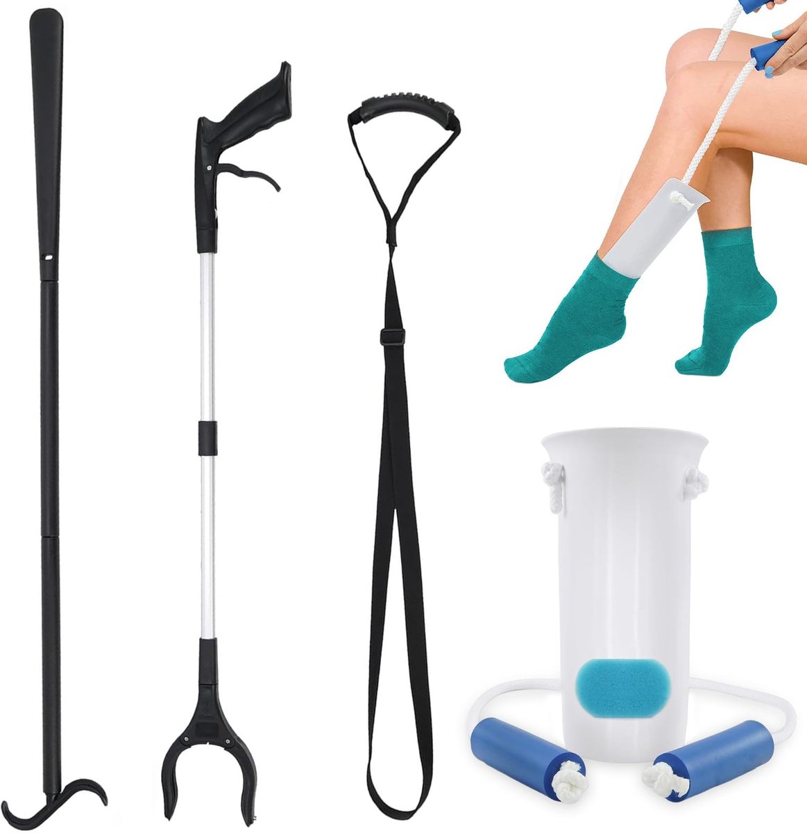 Omgoods - 4 Delige Sokhulpset voor Ouderen - Inclusief Schoenlepel en Pliers
