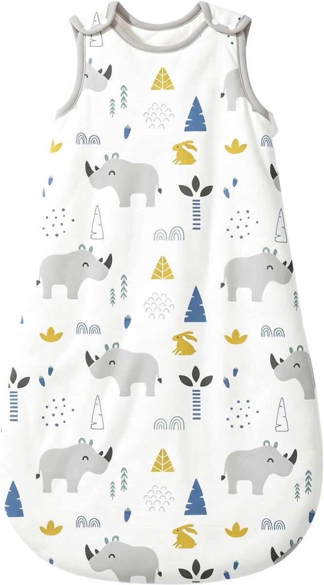 Babywinterslaapzak, kinderslaapzak, 2,5 TOG, slaapzak van 100% katoen, verschillende maten van geboorte tot 24 maanden, slaapzak voor het hele jaar door(Neushoorn,XL (18-24 maanden))