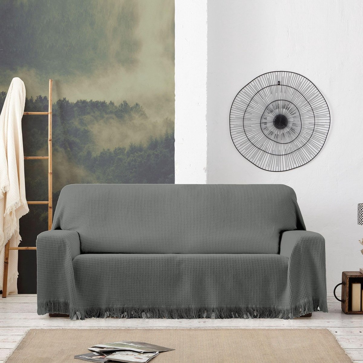 Omgoods - Multifunctionele Bedspread 180x260cm - Grijze Jacquard Deken met Fringes