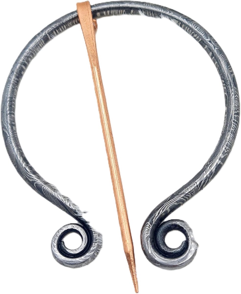 Middeleeuwse Damascus stalen ring, messing naald, handgemaakte Vikingfibel LARP, kledingnaald, gewaakte naald, sluiting, Standaard, damast staal, messing
