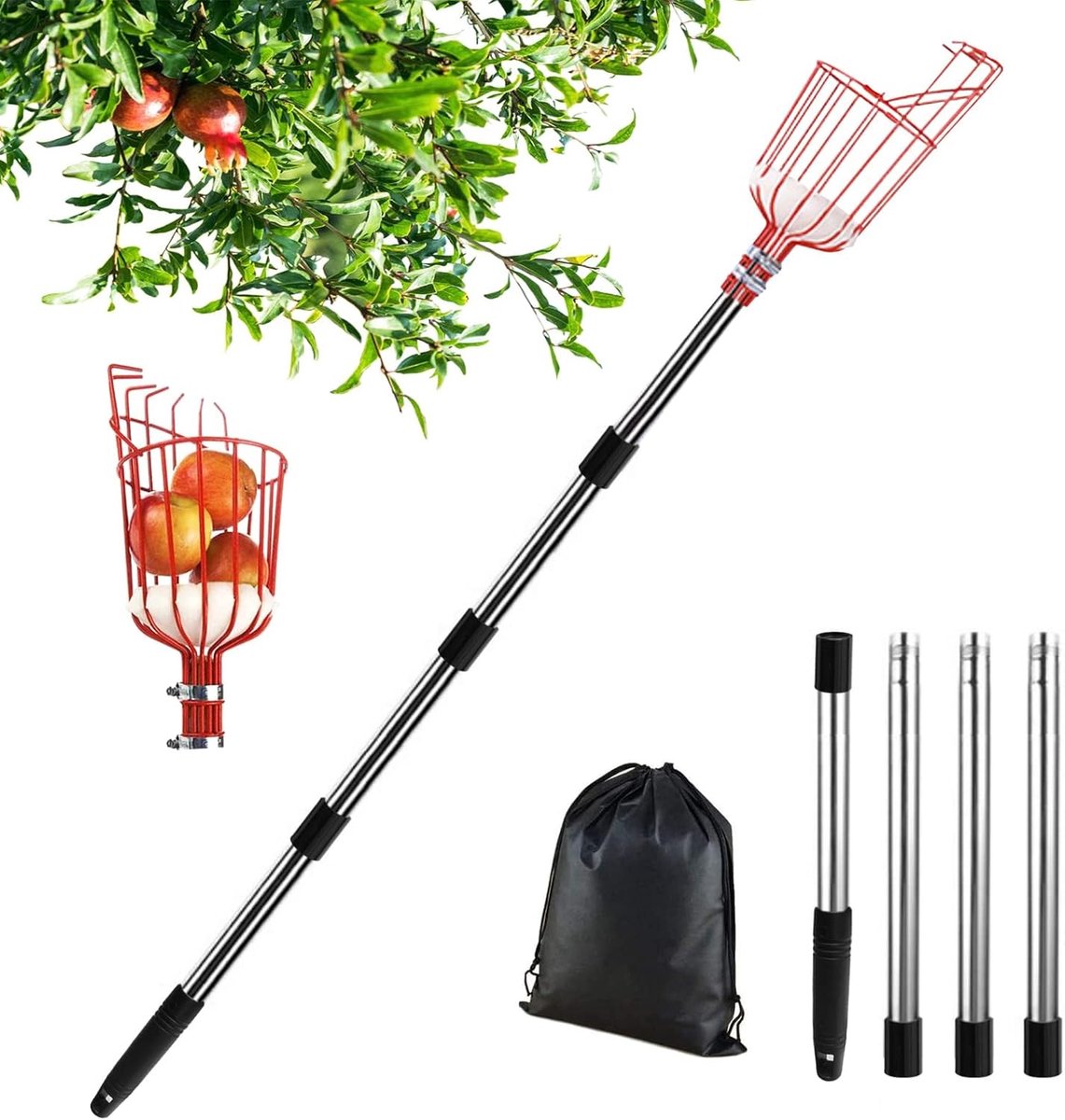 Appelplukker met telescopisch handvat 2,0 m, fruitplukker met telescopisch roestvrij staal, fruitplukker metalen fruitplukker gereedschap voor perzik oranje citroenboom buiten tuin grijper Ø 145 mm