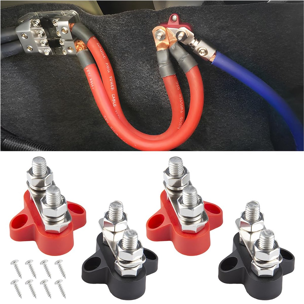 4 stuks universele bus bar terminal blok, M8 batterijstroomverdelingsklemblok, geïsoleerde verbindingspalen 12 V - 48 V DC verzamelrail busbar, voor marine