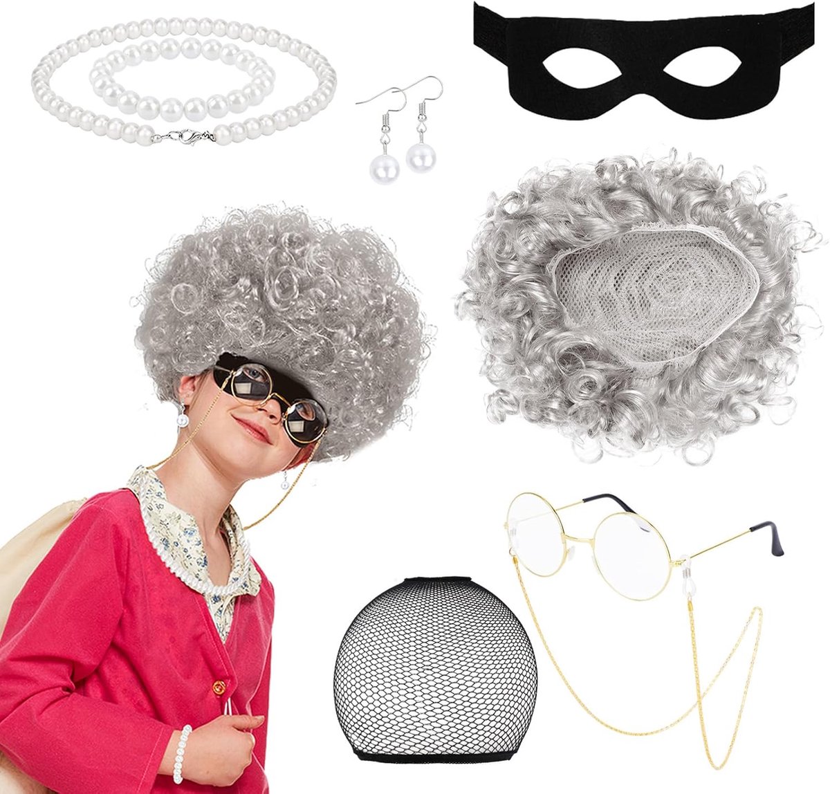 Oma Gangsterkostuum – kostuum voor oude dame, inbreker met oma, diefmasker, bril, parelketting voor kinderen, volwassenen, Halloween, cosplay, carnaval