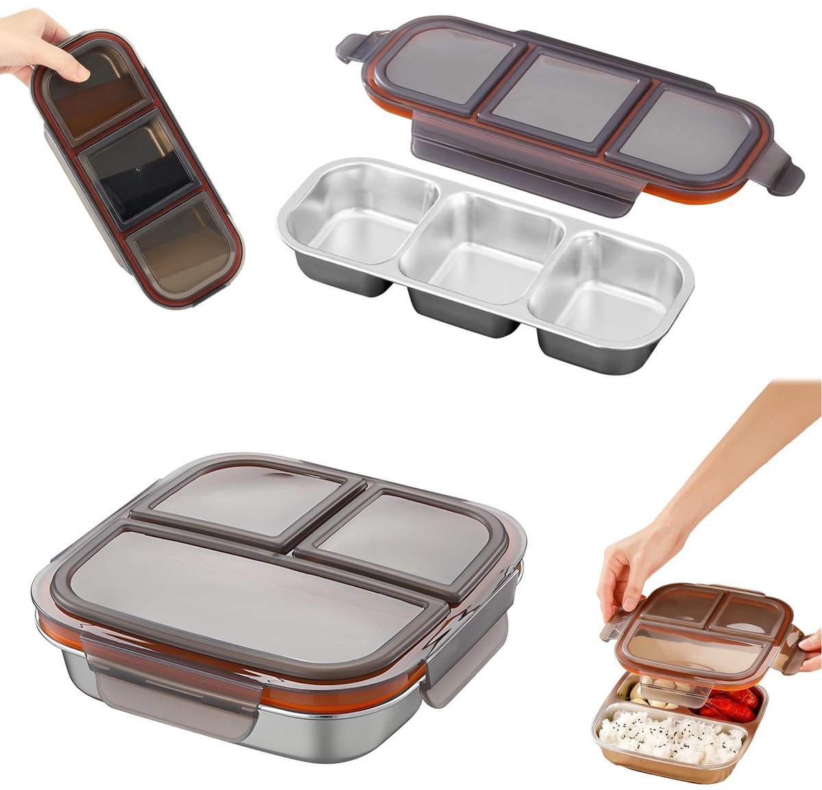 Omgoods - RVS Lunchbox met Drie Compartimenten, Lekvrij voor Snacks en Maaltijden