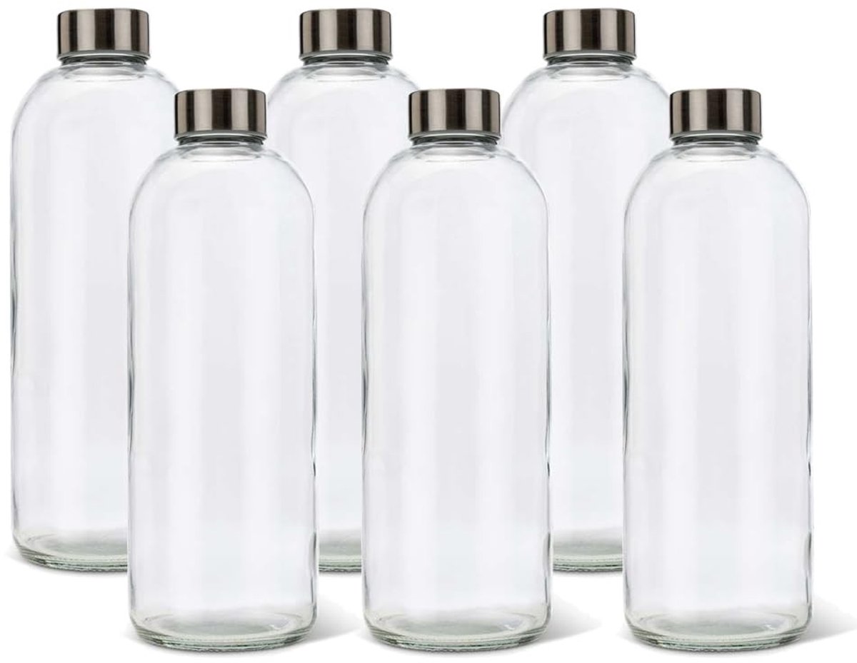 Omgoods - Set van 6 Glazen Flessen 1 Liter - Roestvrijstalen Schroefdop, Duurzaam