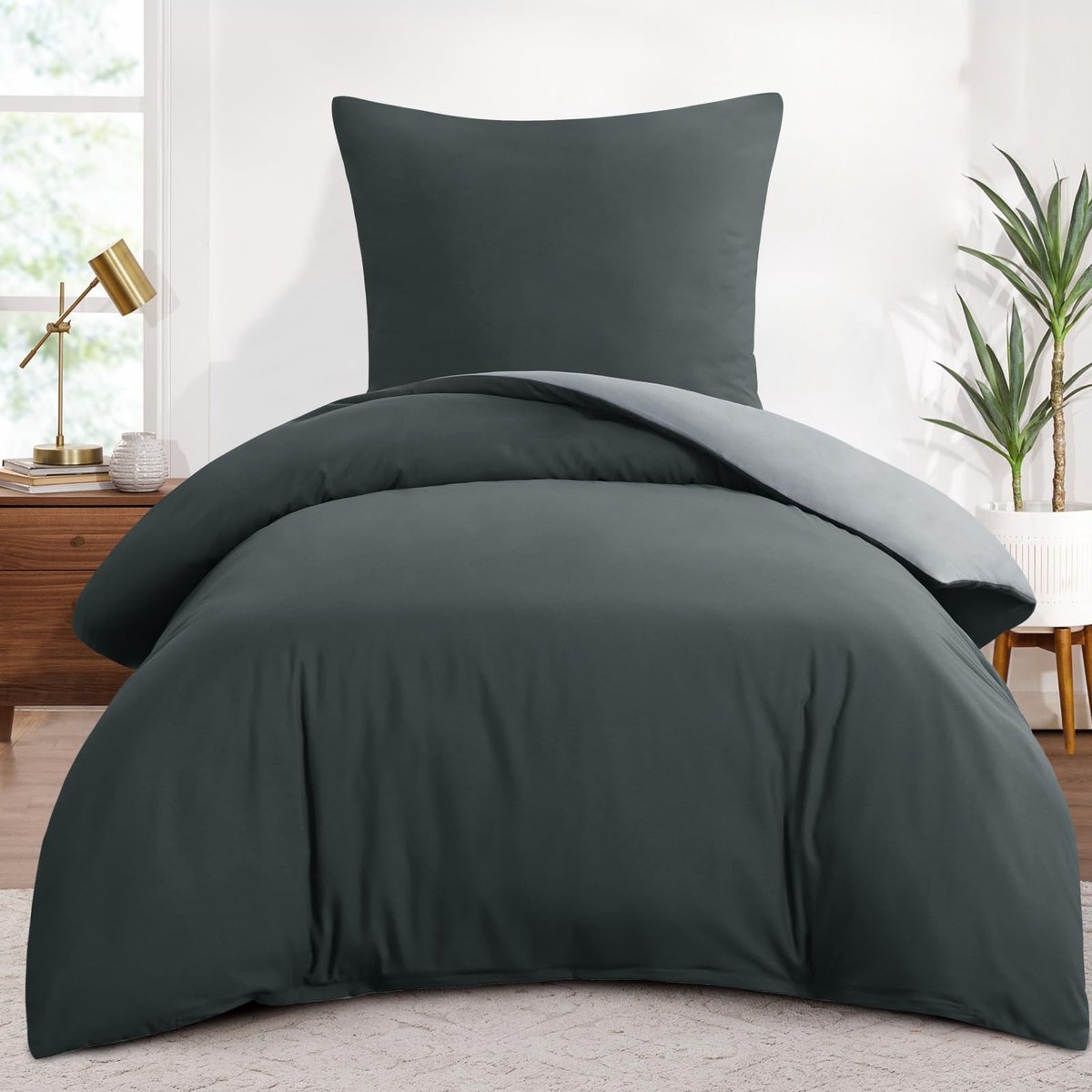 Omgoods - Reversible Dekbedovertrekset 155 x 220 cm met Kussensloop in Anthraciet en Lichtgrijs