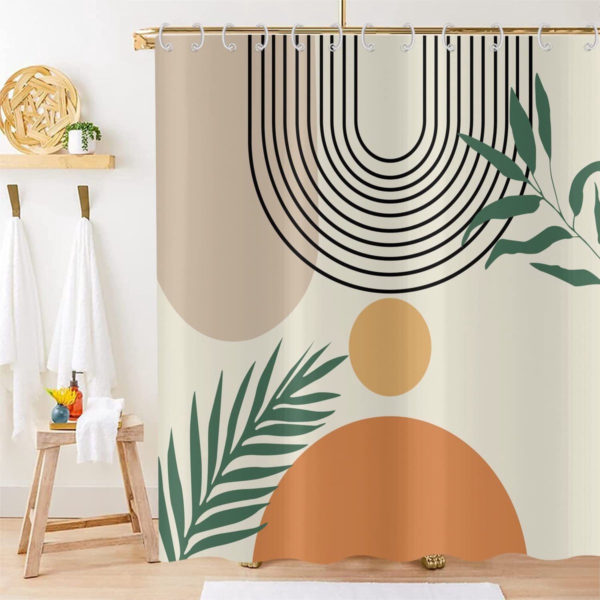 Omgoods - Boho Douchegordijn 180 x 200 cm met Abstract Leaf Design
