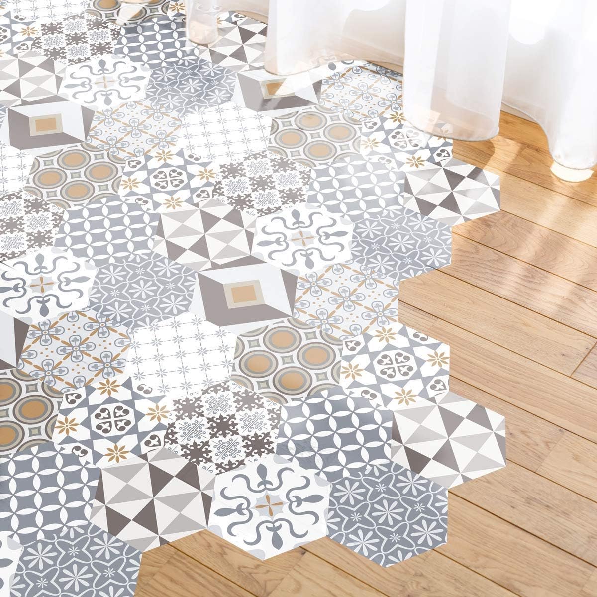 10 vloerstickers, zeshoekig, Azulejos, 20 x 18 cm, antislip, zelfklevende stickers, zeshoekige tegels, vloer, waterbestendig, cementtegels, vloerbedekking, zelfklevende tegels voor vloeren