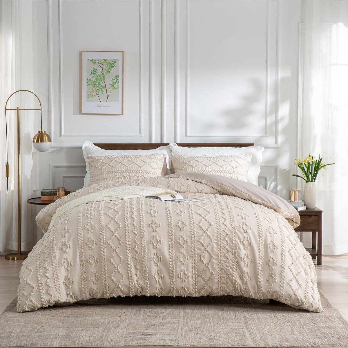 Omgoods - Boho Beddengoedset in Beige met Geometrisch Patroon voor Tweepersoonsbed