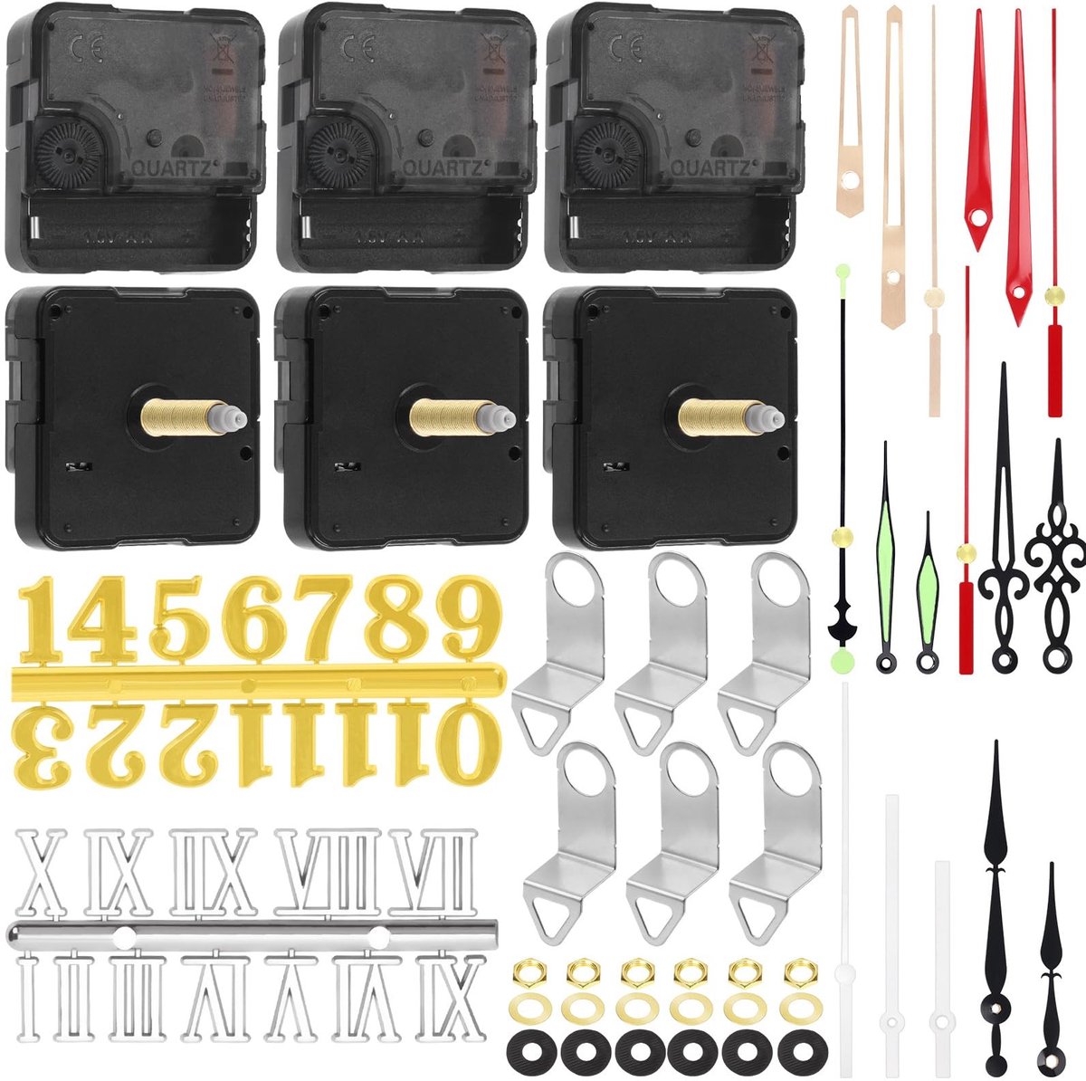 Omgoods - 6 Stuks Klokbeweging Mechanisme Kit - Inclusief Wijzers en Bevestigingsmateriaal