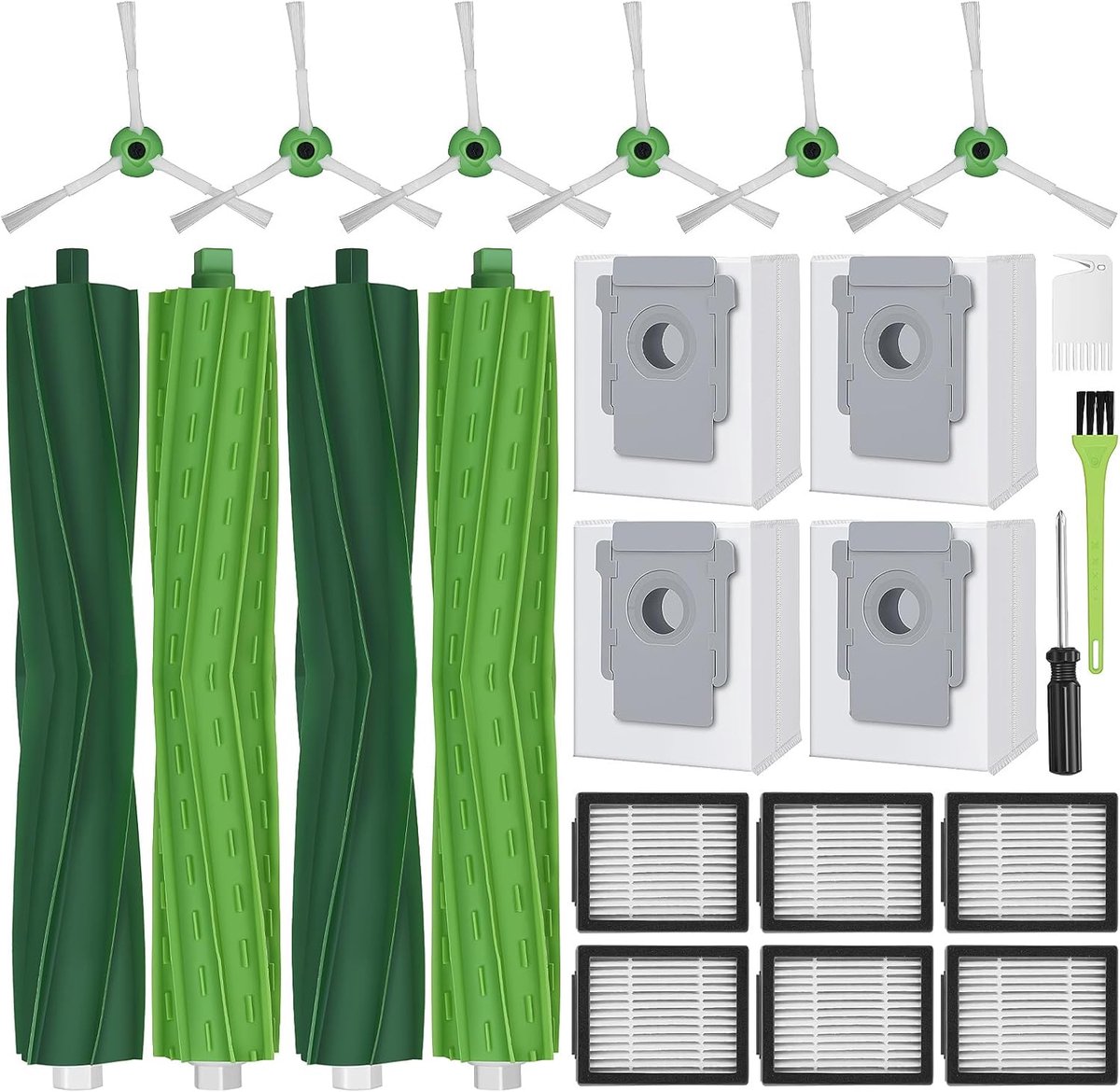 Accessoires voor iRobot Roomba i1+ i3+ i4+ i5+ i6+ i7+ i8+ j5+ j6+ j7 j8+ j9+ E5 E6 E7 accessoireset vervangstukken 4 stofzuigerzakken, 4 hoofdborstel, 6 zijborstels, 6 filters 1