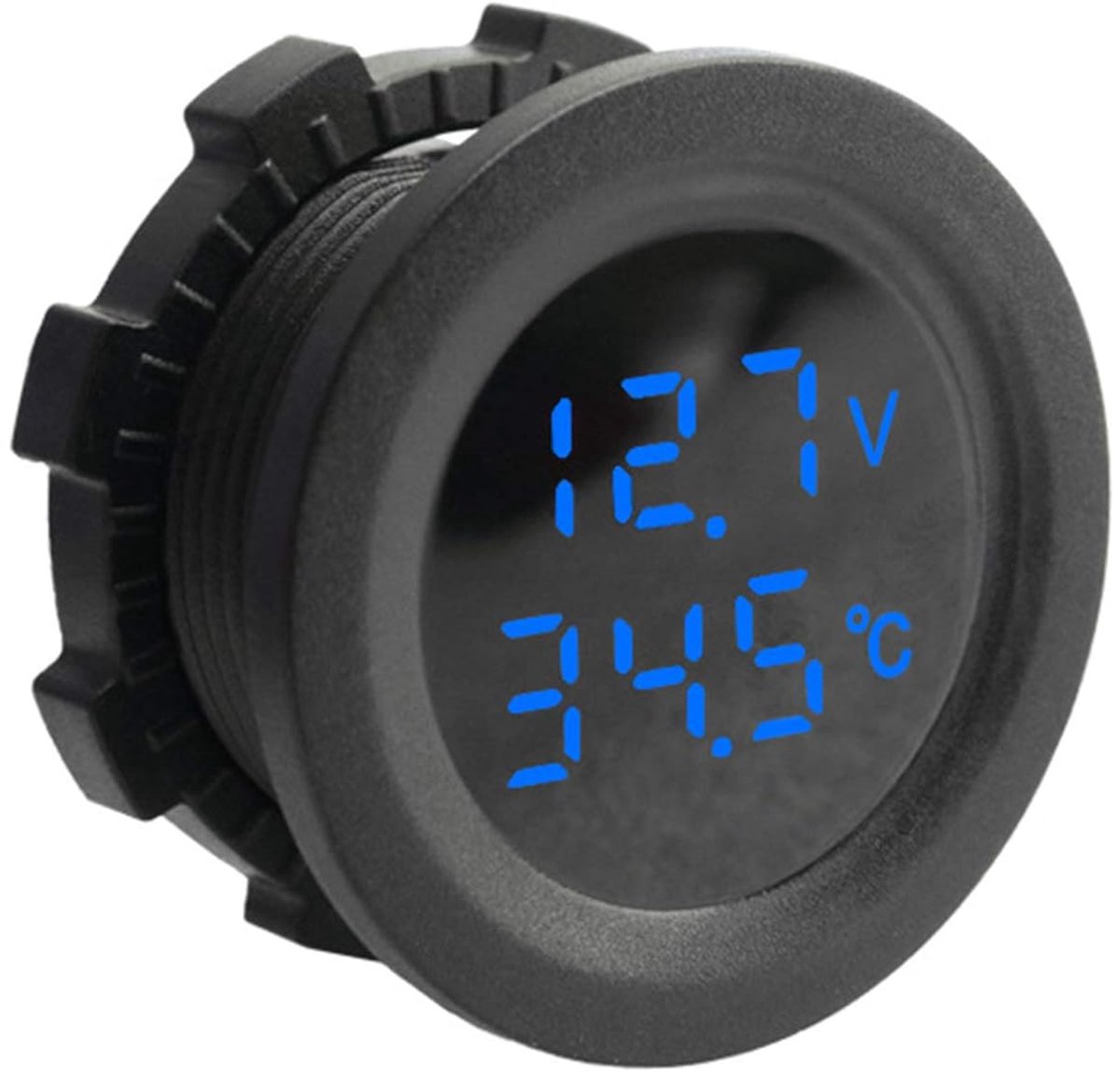 2-in-1 voltmeter, thermometer, digitaal display, temperatuurtester, batterijbewaking, USB, sigarettenaansteker, oplaadpoort voor 12 V, SUV, vrachtwagen, camper (blauw)