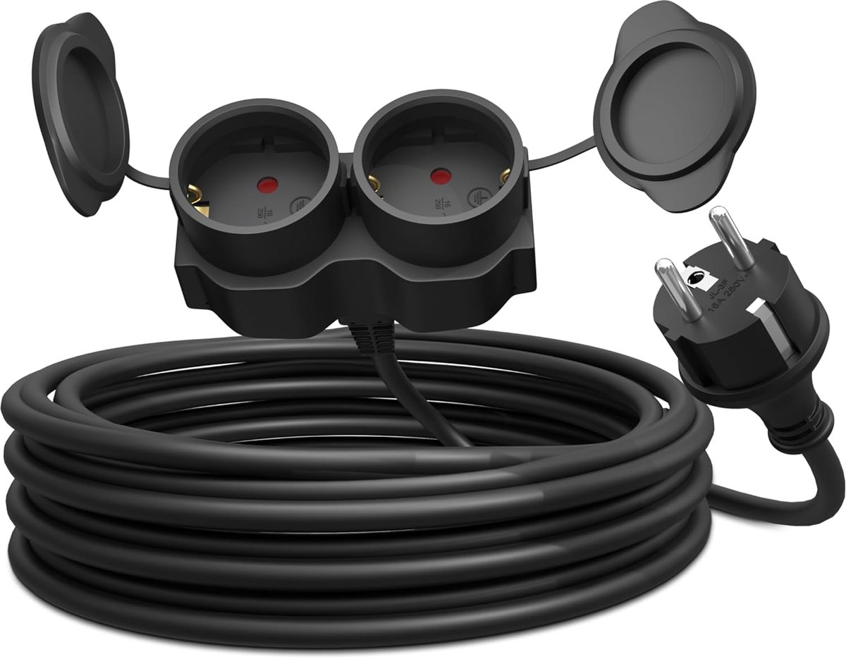 2-voudige Verlengkabel 5m, IP44 voor buiten, 3500W, Stekkerdoos Schuko, Zwart