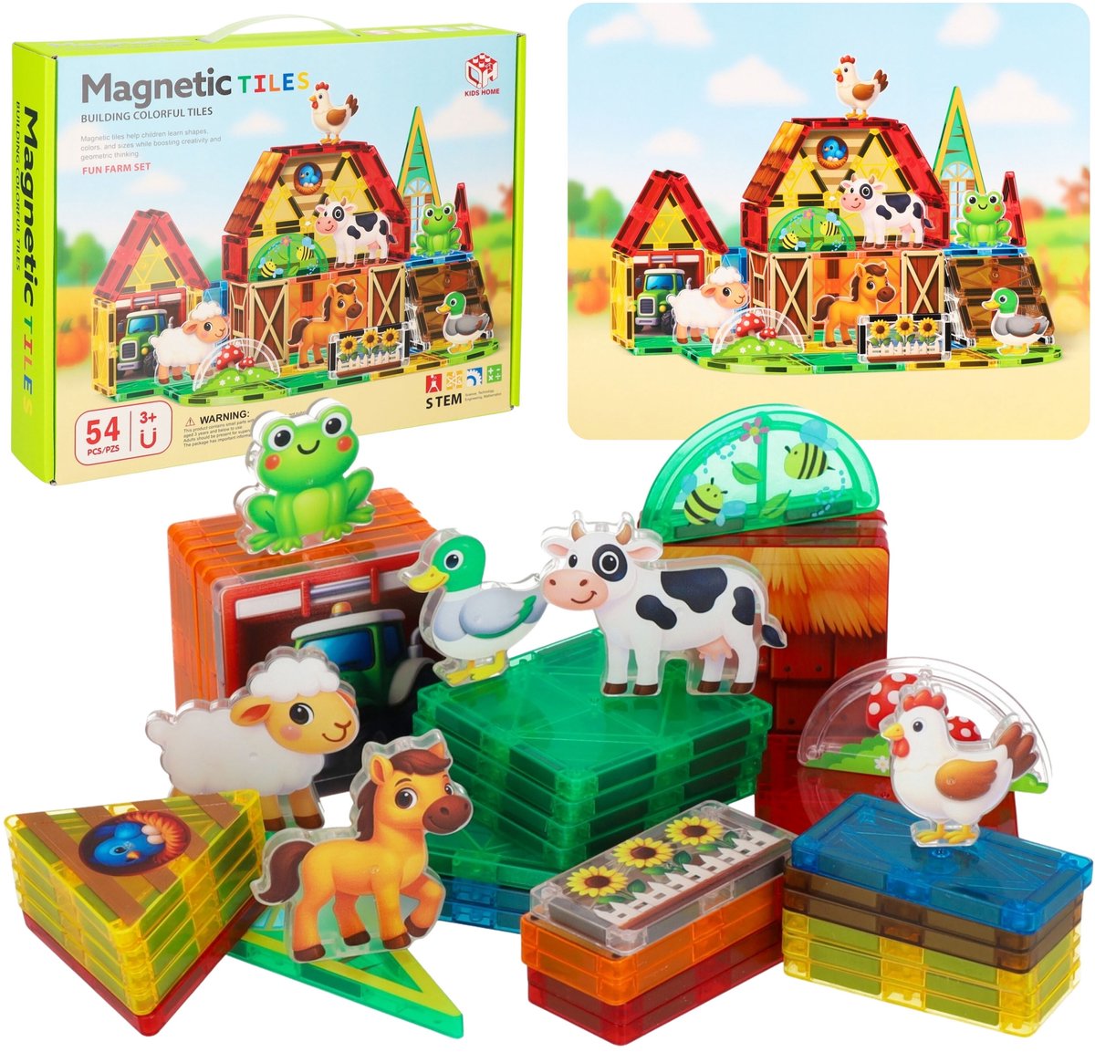 MAGNETISCHE Blokken Boerderij, creatieve bouwset 54 elementen, VOOR KINDEREN 3+