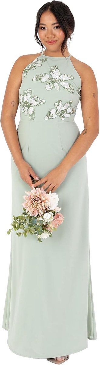 Deluxe Maxi-jurk voor dames, mouwloos, halternek, bloemenpatroon, pailletten, A-lijn, voor bruiloft, gast, evenement, baljurk, dames