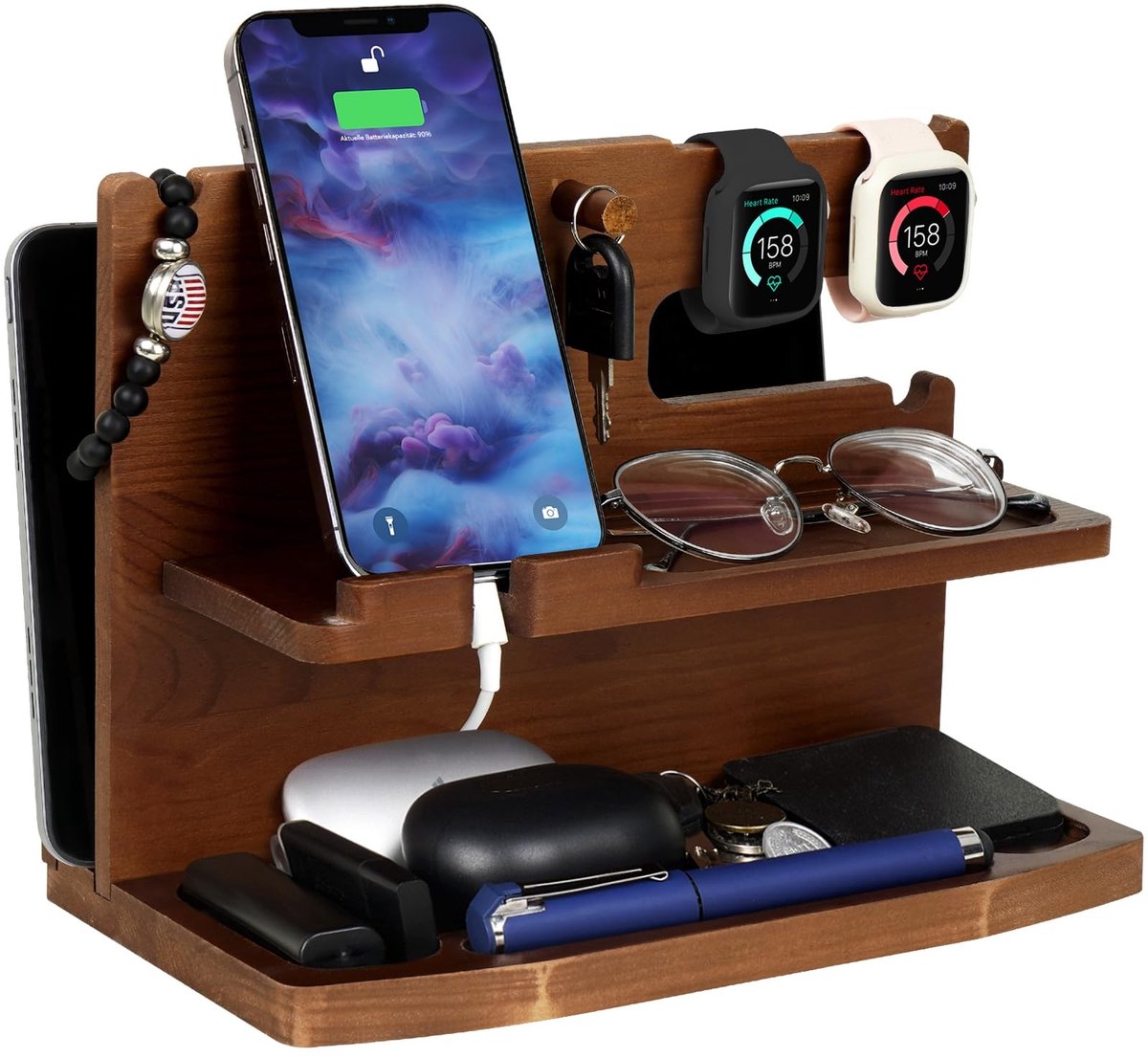 Omgoods- Telefoon Docking Station Houten - Telefoonhouder Bureau - Organizer - Sleutelhouder - Cadeau voor Mannen - Verjaardagscadeau