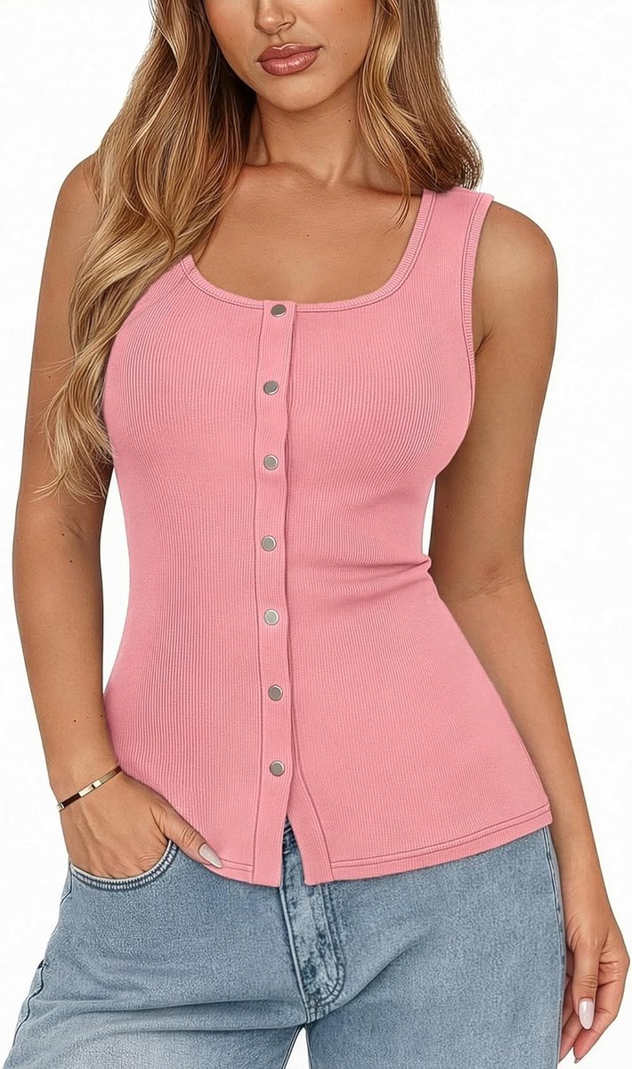 Tanktop voor dames, elegant, zomer, mouwloos, ronde hals, knopen, onderhemd, basic, geribbeld, slim fit, tanktop, casual, sexy, fitnessstudio, Y2k